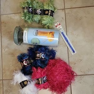 Fun fur yarn, container, crocher hook